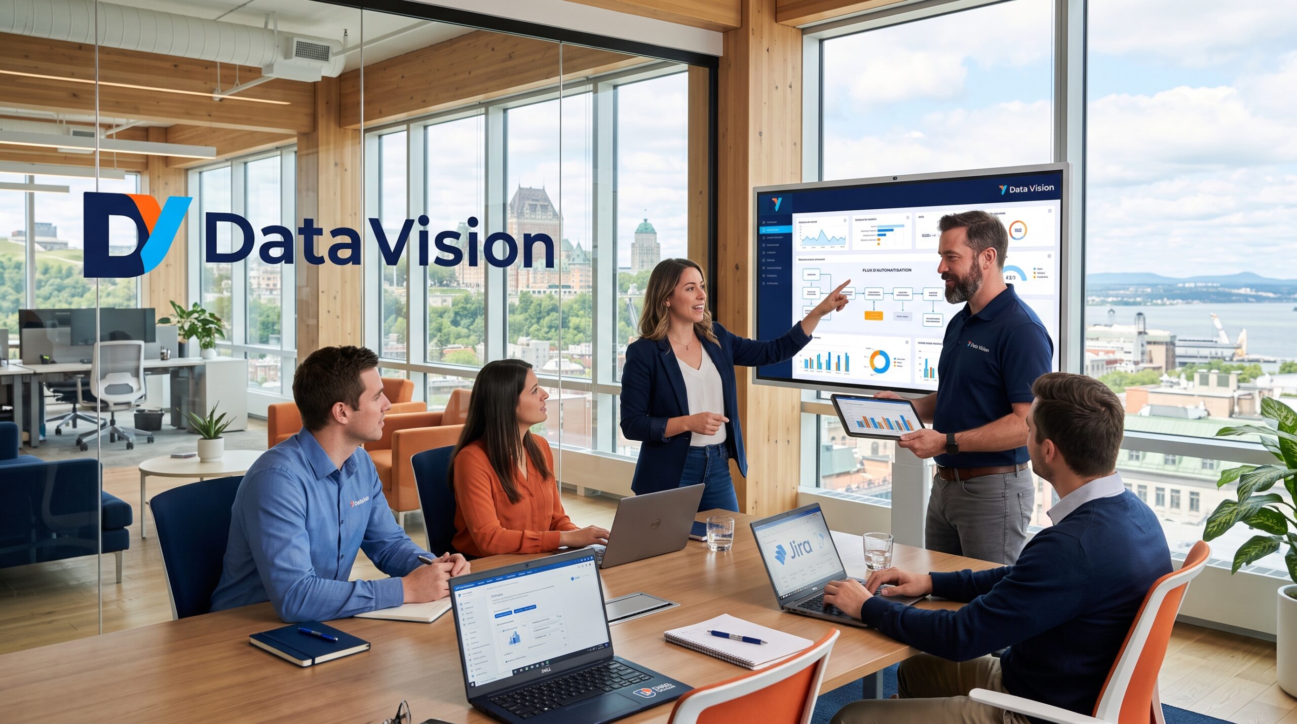Bureau moderne Data Vision et équipe en transformation numérique